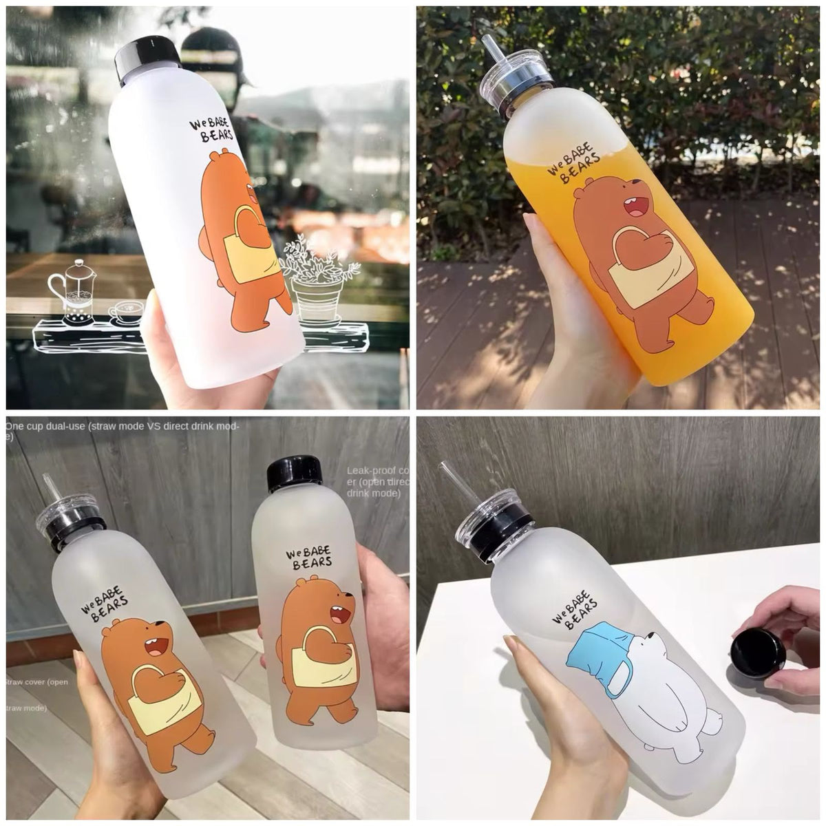 Panda Bottle with 2 Caps & Straw – Cute Reusable Water Bottle